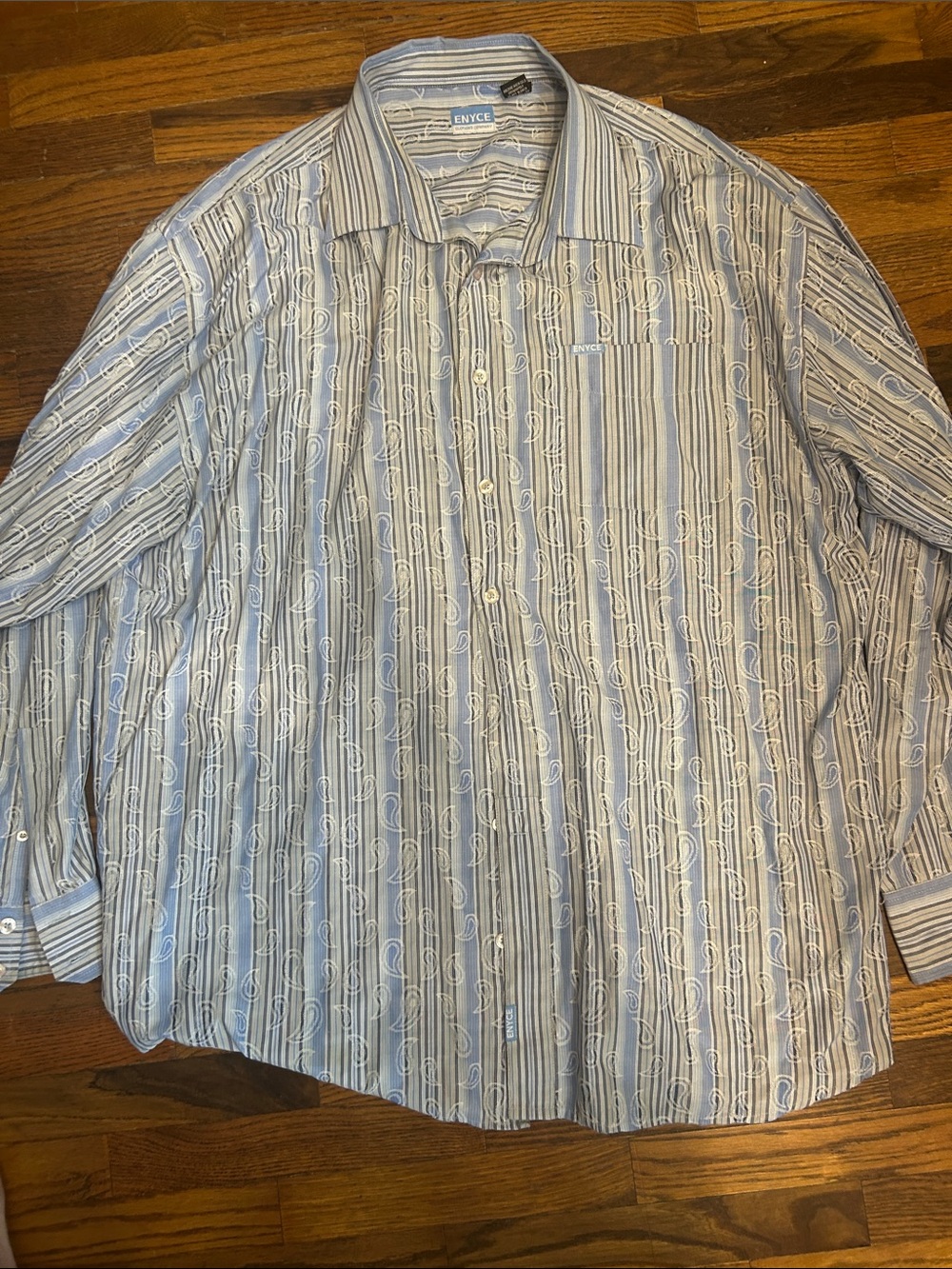 Enyce Men's Blue and White Striped Button-Up Shirt with Paisley Detail